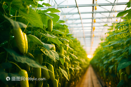 溫室里的綠意盎然 現代農業溫室中的黃瓜種植